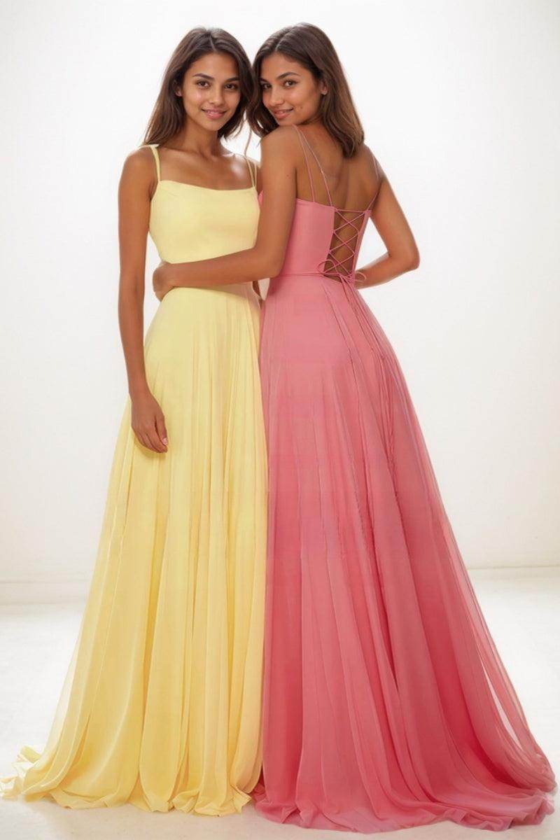 Simple Square Neckline A-Line Sweep Train Tulle Prom Dresses CS0737 - COCOMELODY